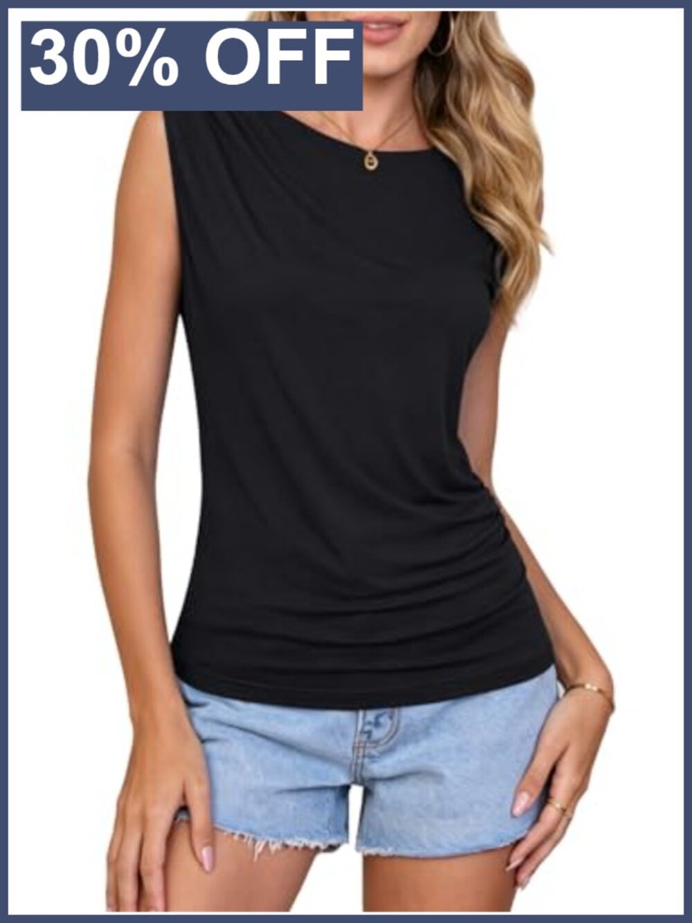 Sleeveless Boat Neck Tank Top Pleated Slim Fit Rayon Spandex Knit